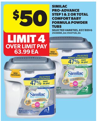 SIMILAC PRO-ADVANCE STEP 1 & 2 OR TOTAL COMFORT BABY FORMULA POWDER TUBS, 837/859 G