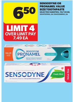 SENSODYNE OR PRONAMEL VALUE SIZE TOOTHPASTE, 110/135 ML