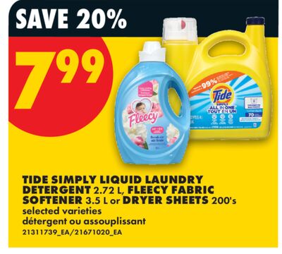 TIDE SIMPLY LIQUID LAUNDRY DETERGENT 2.72 L, FLEECY FABRIC SOFTENER 3.5 L or DRYER SHEETS 200's