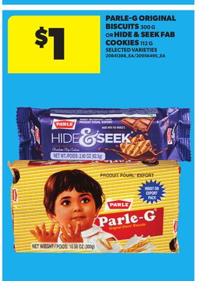 PARLE-G ORIGINAL BISCUITS, 300 G or HIDE & SEEK FAB COOKIES, 112 G