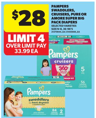 PAMPERS SWADDLERS, CRUISERS, PURE OR AMORE SUPER BIG PACK DIAPERS, SIZE N-8, 36-96'S