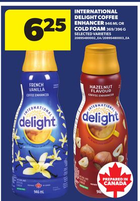 INTERNATIONAL DELIGHT COFFEE ENHANCER, 946 ML OR COLD FOAM, 369/396 G