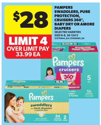 PAMPERS SWADDLERS, PURE PROTECTION, CRUISERS 360°, BABY DRY OR AMORE DIAPERS, SIZE 2-6, 36-124'S
