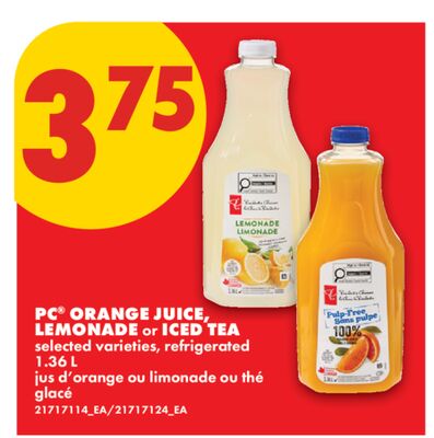 PC® ORANGE JUICE, LEMONADE OR ICED TEA, 1.36 L