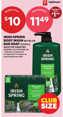 IRISH SPRING BODY WASH, 887 ML OR BAR SOAP, 12X104 G