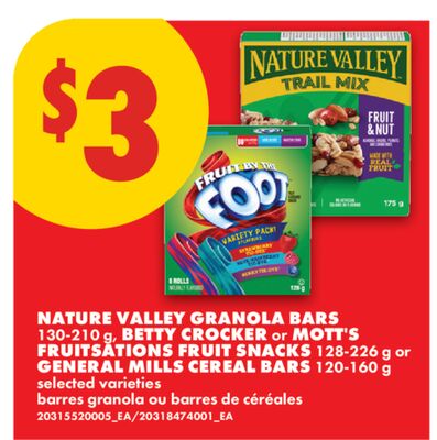 NATURE VALLEY GRANOLA BARS, 130-210 g, BETTY CROCKER or MOTT'S FRUITSATIONS FRUIT SNACKS, 128-226 g or GENERAL MILLS CEREAL BARS, 120-160 g