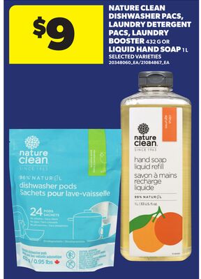 NATURE CLEAN DISHWASHER PACS, LAUNDRY DETERGENT PACS, LAUNDRY BOOSTER, 432 G OR LIQUID HAND SOAP, 1 L