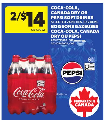 COCA-COLA, CANADA DRY OR PEPSI SOFT DRINKS, 6X710 ML