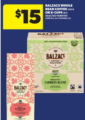 BALZACS WHOLE BEAN COFFEE, 340 G OR K-CUPS, 18'S