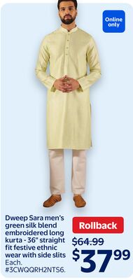 Dweep Sara men's green silk blend embroidered long kurta - 36" straight fit festive ethnic wear with side slits