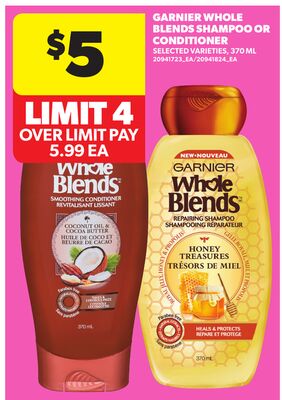 GARNIER WHOLE BLENDS SHAMPOO OR CONDITIONER, 370 ML