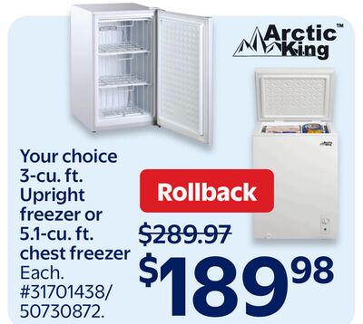 Arctic King 3-cu. ft. Upright freezer or 5.1-cu. ft. chest freezer