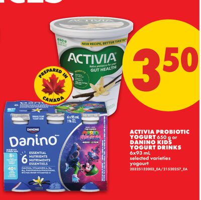 ACTIVIA PROBIOTIC YOGURT, 650 G OR DANINO KIDS YOGURT DRINKS, 6x93 ML