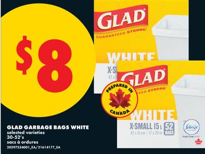 GLAD GARBAGE BAGS WHITE, 30-52's
