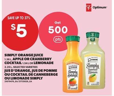 SIMPLY ORANGE JUICE, APPLE OR CRANBERRY COCKTAIL, 1.36 L, LEMONADE, 2.25 L