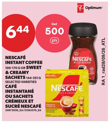 NESCAFÉ INSTANT COFFEE 100-170 G OR SWEET & CREAMY SACHETS 144-351 G