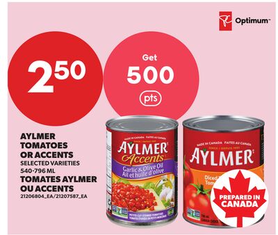 AYLMER TOMATOES OR ACCENTS, 540-796 ML