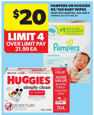 PAMPERS OR HUGGIES 9X/10X BABY WIPES, 504-600'S