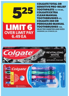 COLGATE TOTAL OR SENSITIVE PRO - RELIEF TOOTHPASTE, 73-170 ML, COLGATE EXTRA CLEAN MANUAL TOOTHBRUSHES, 4'S, COLGATE, 360 DEGREES MANUAL TOOTHBRUSHES, 1 EA.