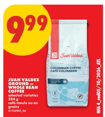 JUAN VALDEZ GROUND OR WHOLE BEAN COFFEE, 284 G