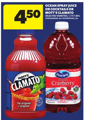 OCEAN SPRAY JUICE OR COCKTAILS OR MOTT'S CLAMATO, 1.77 - 1.89 L