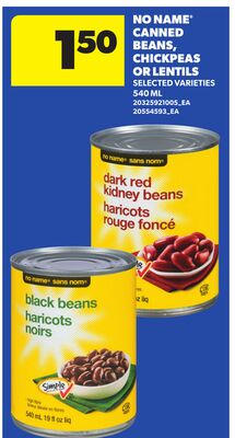 NO NAME® CANNED BEANS, CHICKPEAS OR LENTILS, 540 ML
