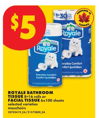 ROYALE BATHROOM TISSUE, 8=16 ROLLS OR FACIAL TISSUE 6X100, SHEETS