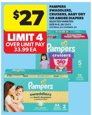 PAMPERS SWADDLERS, CRUISERS, BABY DRY OR AMORE DIAPERS, SIZE N-8, 36-124'S