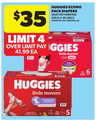 HUGGIES ECONO PACK DIAPERS, SIZE N-7, 60-200'S