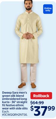 Dweep Sara men's green silk blend embroidered long kurta - 36" straight fit festive ethnic wear with side slits