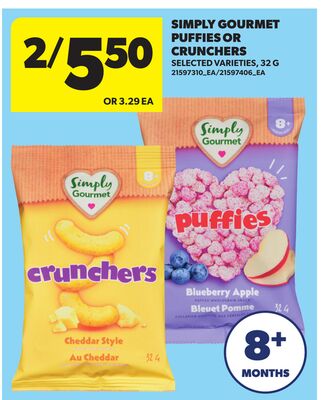 SIMPLY GOURMET PUFFIES OR CRUNCHERS, 32 G
