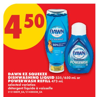 DAWN EZ SQUEEZE DISHWASHING LIQUID, 535/650 ML OR POWERWASH REFILL, 473 ML