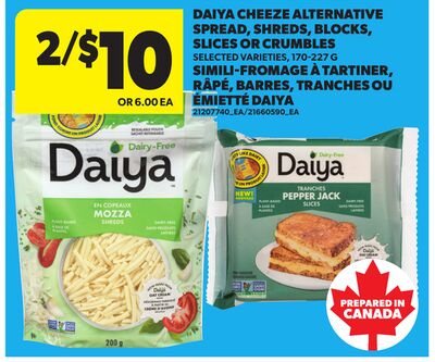 DAIYA CHEEZE ALTERNATIVE SPREAD, SHREDS, BLOCKS, SLICES OR CRUMBLES, 170-227 G