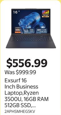 Exsurf 16 Inch Business Laptop,Ryzen 3500U, 16GB RAM 512GB SSD, Type-C Port, Windows 11 Pro, Backlit Keyboard & Fingerprint Unlock, Black