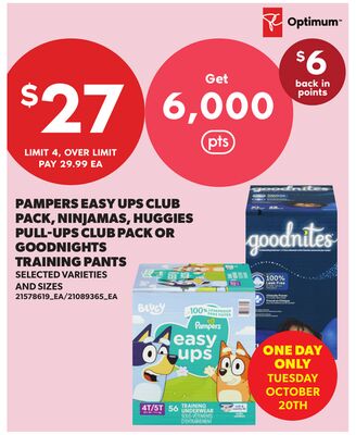 PAMPERS EASY UPS CLUB PACK, NINJAMAS, HUGGIES PULL-UPS CLUB PACK OR GOODNIGHTS TRAINING PANTS