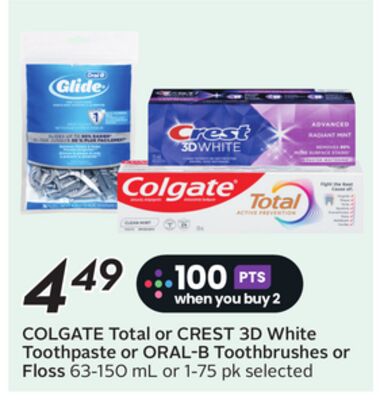 COLGATE Total or CREST 3D White Toothpaste or ORAL-B Toothbrushes or Floss