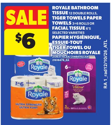 ROYALE BATHROOM TISSUE 12 DOUBLE ROLLS TIGER TOWELS PAPER TOWELS 3=6 ROLLS OR FACIAL TISSUE 6'S