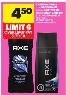 AXE BODY SPRAY, 113 G, DEODORANT, 75 G, FACE & HAIR WASH, 873 MB OR HAIR CARE OR STYLING PRODUCTS, 75 G/477 ML