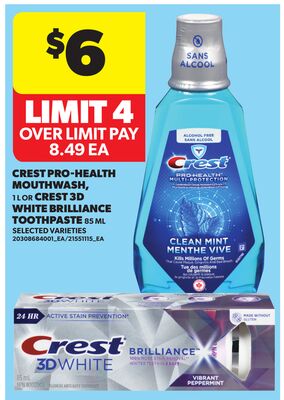 CREST PRO-HEALTH MOUTHWASH, 1 L OR CREST 3D WHITE BRILLIANCE TOOTHPASTE 85 ML