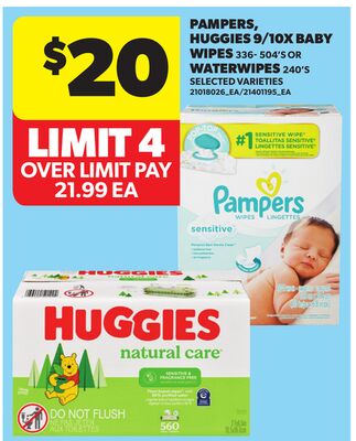 PAMPERS, HUGGIES 9/10X BABY WIPES 336- 504'S OR WATERWIPES 240'S