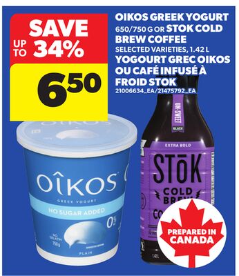 OIKOS GREEK YOGURT, 650/750 G OR STOK COLD BREW COFFEE, 1.42 L