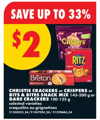 CHRISTIE CRACKERS or CRISPERS or BITS & BITES SNACK MIX, 145-200 g or DARE CRACKERS, 100-125 g