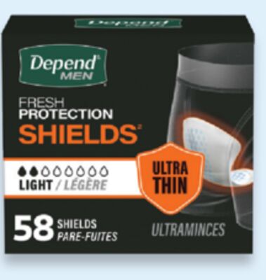 Depend incontinence shields for men 58s or underwear for women 18s
