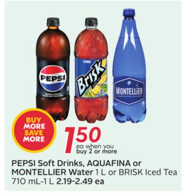 PEPSI Soft Drinks, AQUAFINA or MONTPELLIER Water 1 L or BRISK Iced Tea 710 mL-1 L