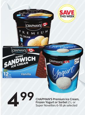 CHAPMAN'S Premium Ice Cream, Frozen Yogurt or Sorbet 2 L or Super Novelties 6-18 pk