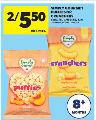 SIMPLY GOURMET PUFFIES OR CRUNCHERS, 32 G