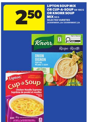 LIPTON SOUP MIX OR CUP-A-SOUP, 58-166 G OR KNORR SOUP MIX, 56 G
