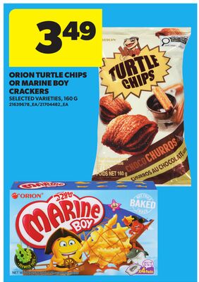 ORION TURTLE CHIPS OR MARINE BOY CRACKERS, 2'S - 320 G