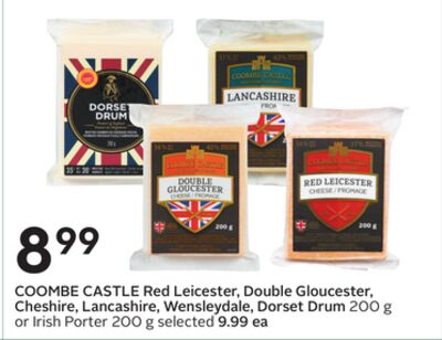 COOMBE CASTLE Red Leicester, Double Gloucester, Cheshire, Lancashire, Wensleydale, Dorset Drum 200 g or Irish Porter