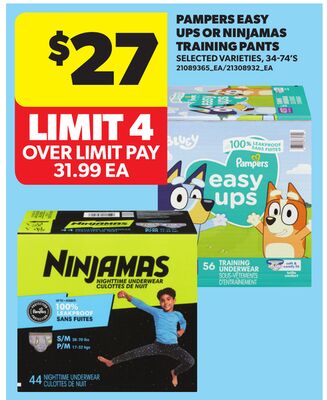 PAMPERS EASY UPS OR NINJAMAS TRAINING PANTS, 34-74'S